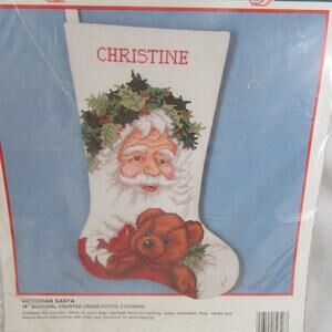 Bucilla Victorian Santa Teddy Bear Counted Cross Stitch Stocking Kit New Sealed
